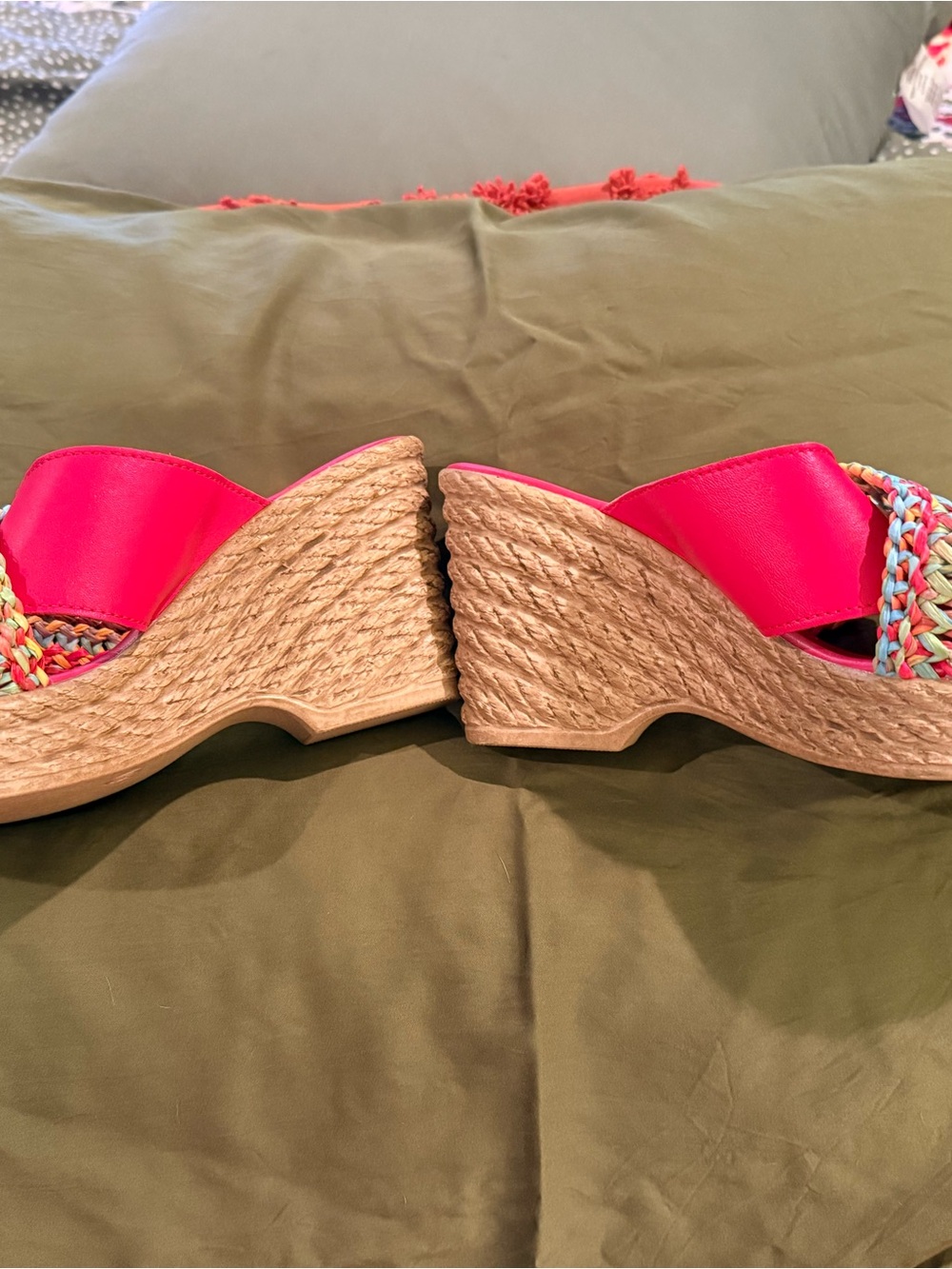 Spring Step Red Multicolor Raffia Wedge Mules - Picture 2 of 14